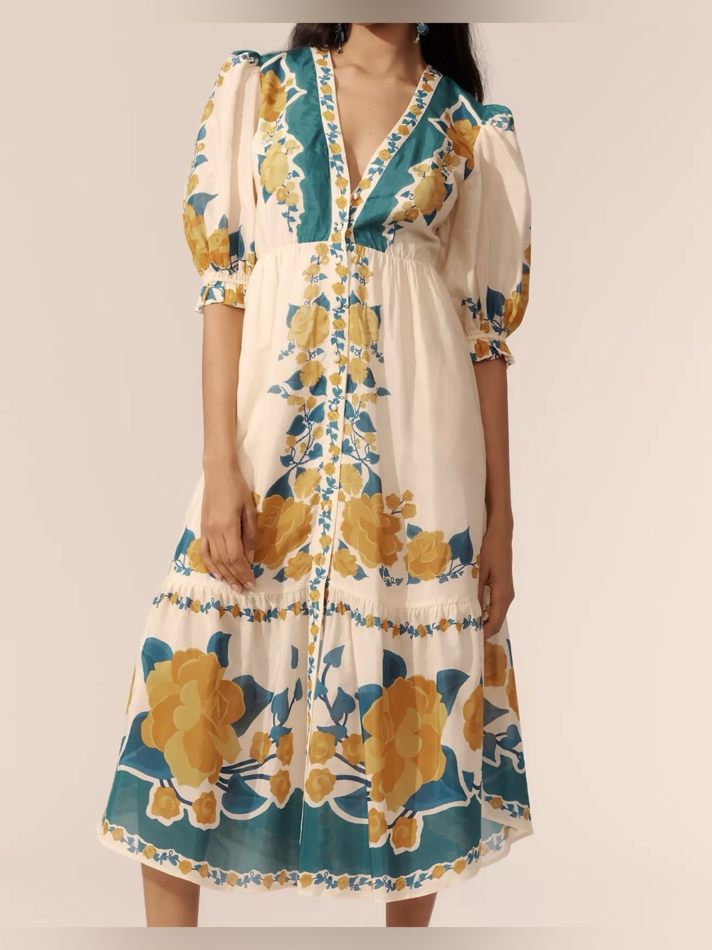 NWT Farm Rio x Anthropologie Puff-Sleeve Printed Midi Dress Sz LP